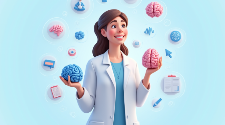 a_female_expert_in_a_white_lab_coat_smiling_while_holding_a_brain_model_standing_in_front_of_a_clea_ps7odexetiy0t35bg69t_3