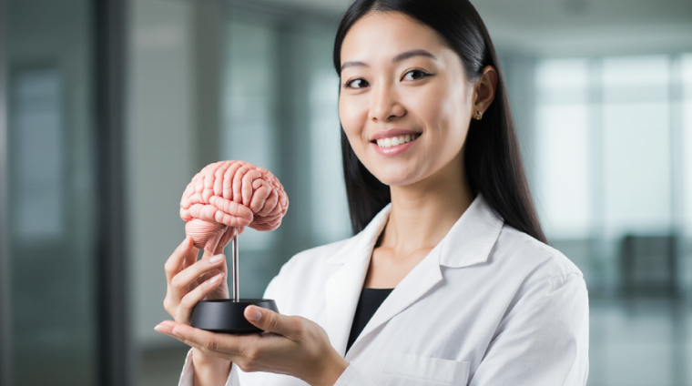 a_female_expert_in_a_white_lab_coat_smiling_while_holding_a_brain_model_standing_in_front_of_a_clea_01e447f3-6d9a-4f63-80d5-bd0446c0d8c8